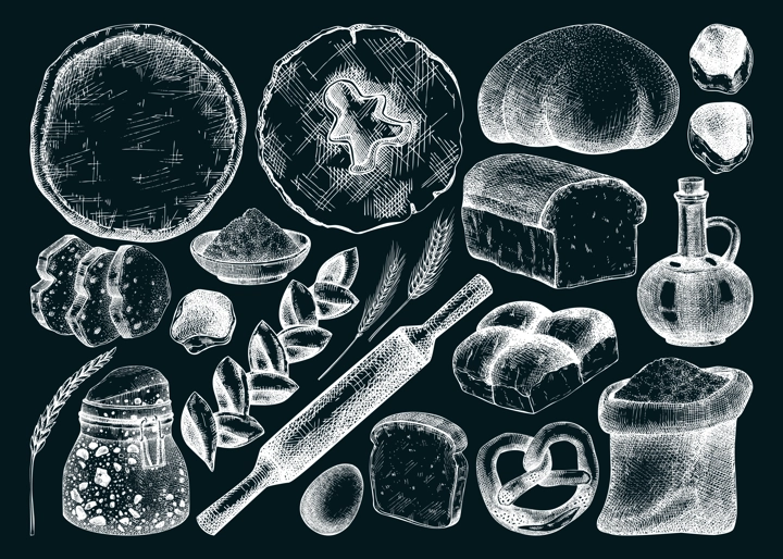 Vector collection of cooking ingredients, sweet products, bread. Hand drawn illustration for bakery, baking goods shop, recipes isolated on chalkboard. Vintage food sketches on chalkboard